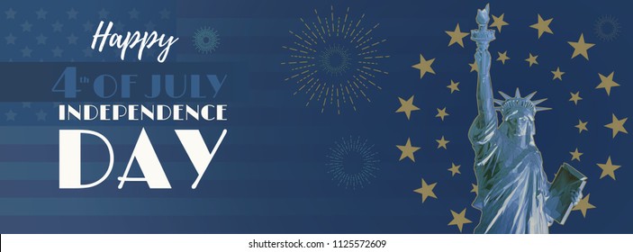 Polygonal statue of liberty front view  and monochrome USA flag with gold star and fireworks element background in art deco style on blue color theme cover or banner background