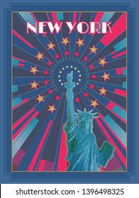 Polygonal statue of liberty front view and colorful shine with gold star element background in retro art deco style on blue and red color theme background