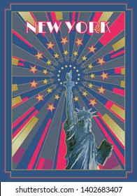 Polygonal statue of liberty front view and colorful shine with gold star element background in retro art deco style on blue red and gold color theme background