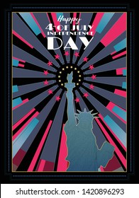 polygonal statue of liberty on colorful shine with star background in art deco style in blue and pink on black color theme