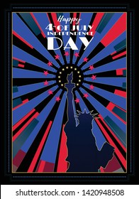 polygonal statue of liberty silhouette on colorful shine with star background in art deco style in blue and red on black color theme