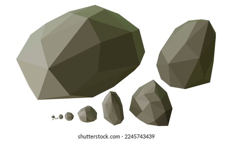 Polygonaler Steinsatz. Einzeln auf weißem Hintergrund. 3D-Vektorgrafik. Isometrische Sicht. Low-Poly-Steine