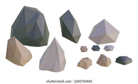 Conjunto de piedra poligonal. Aislado sobre fondo blanco. Ilustración vectorial 3d. Vista isométrica. rocas de polos bajos