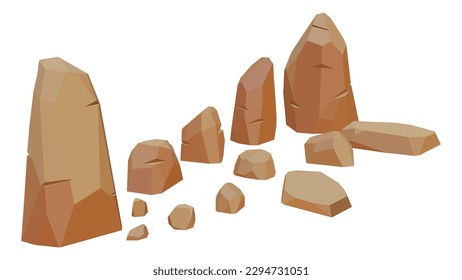 Polygonal stone set. Isolated on white background. 3d Vector illustration. Isometric view. low poly rocks