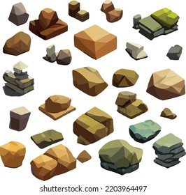 Polygonal stone set on white background. 3d Vector illustration. Isometric view.