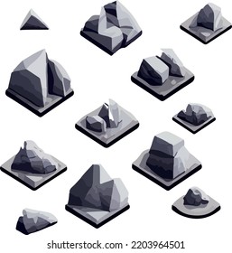 Polygonal stone set on white background. 3d Vector illustration. Isometric view.