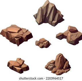 Polygonal stone set on white background. 3d Vector illustration. Isometric view.