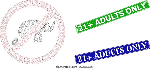 Modelo de tontería de elefantes de parada poligonal, y estampillas de textura rectangulares sólo azul y verde para adultos 21 Plus para adultos. El símbolo de alambre poligonal se crea a partir del icono de parar la porquería de elefantes.