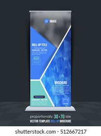Polygonal Style Advertising Roll Up Banner Vector Background. Business Roll-up Cover Design with Image Add Feature, Print Ready Flat Style Rollup Ad or Website Vertical Low Poly Banners Template