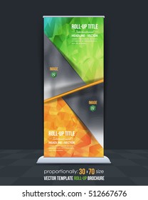 Polygonal Style Advertising Roll Up Banner Vector Background. Business Roll-up Cover Design with Image Add Feature, Print Ready Flat Style Rollup Ad or Website Vertical Low Poly Banners Template