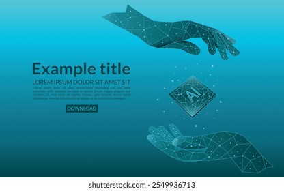 Polygonal style AI chip between human palms. Artificial intelligence technology background. Semiconductor or microchip protection. Turquoise blue low poly wireframe vector illustration. 