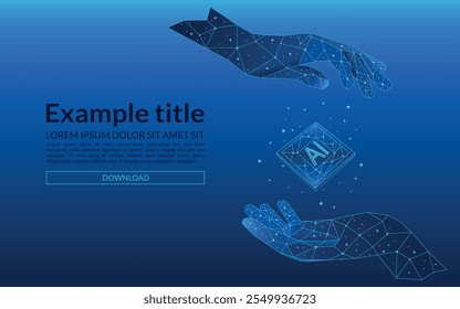 Polygonal style AI chip between human palms. Artificial intelligence technology background. Semiconductor or microchip protection. Electronic blue low poly wireframe vector illustration. 