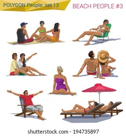 Polygonal style beach people resting set.  Polygon people collection.