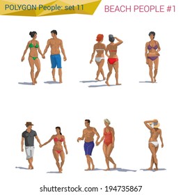 Polygonal style beach people walking set.  Polygon people collection.