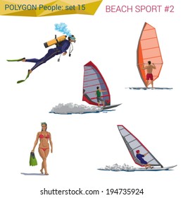 Polygonal style beach people walking set.  Polygon people collection.