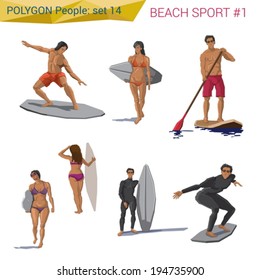 Polygonal style beach water sports people set.  Polygon people collection.