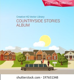 Polygonal style countryside concept. Architecture design elements. Limousine rich district mansion copyspace. Polygon world collection. 
