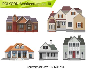 Polygonal style houses and buildings set. Countryside design element.  Polygon architecture collection.