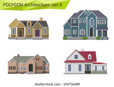 Polygonal style houses and buildings set. Countryside and suburb design elements.  Polygon architecture collection.