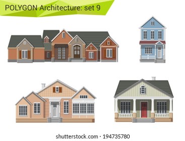 Polygonal style residential houses and buildings set. Countryside and suburb design elements.  Polygon architecture collection.