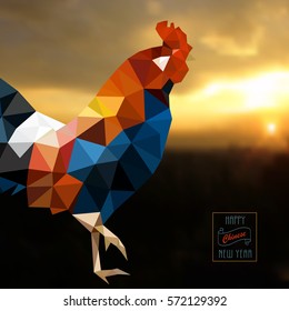 Polygonal style Rooster on sunrise - symbol of 2017.  Chinese New Year 2017.Vector illustration editable with clipping mask