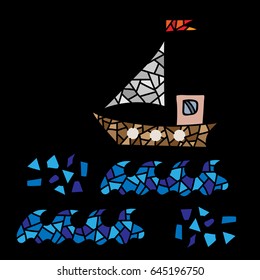 Polygonal style ship isolated on the black background. Design colorful element for logo, label, emblem, sign, poster, t-shirt print. Vector illustration.