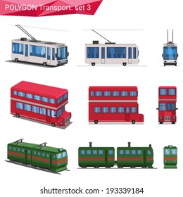 Polygonal style vehicles vector icon set. Trolley, double decker bus, train.  Polygon transport collection.
