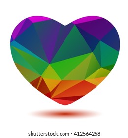 Polygonal stylized bright rainbow heart isolated on a white background.