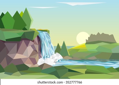 Polygonal summer landscape with waterfall