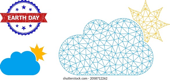Polygonal sun cloud wireframe illustration, and bicolor scratched Earth Day seal. Polygonal carcass illustration created from sun cloud icon.