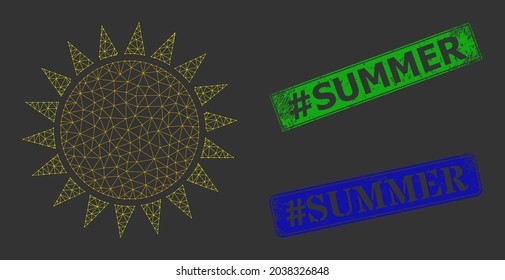 Polygonal sun image, and hashtag Summer blue and green rectangle unclean stamps. Mesh wireframe image based on sun icon. Seals contain hashtag Summer title inside rectangle shape.