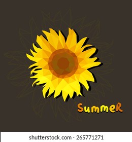 polygonal sunflower on a brown background with text summer. square crop