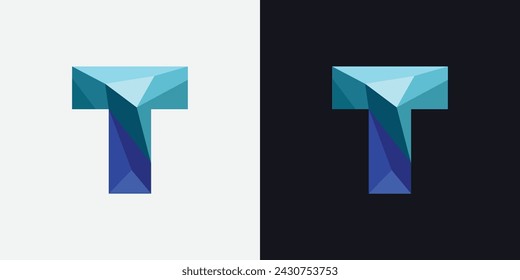 Polygonal T letter logo design with blue color shades