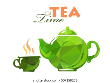 Polygonal tea cup and tea pot isolated on white background. Design element for invitation cards.