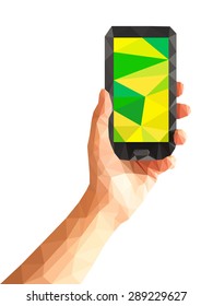 polygonal technique hand holding a phone with colorful screen colors of Brazil.