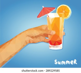 polygonal technique hand holding a summer drink orange juice with an umbrella on a blue background.