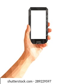 polygonal technique hand holding white blank screen phone.