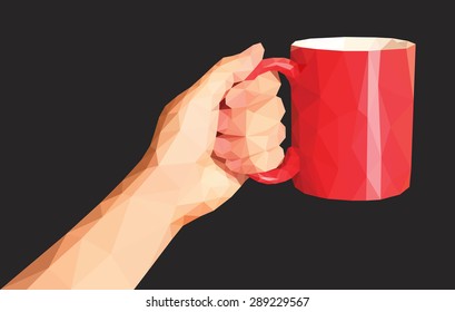 polygonal technique hand holds a red circle on a black background.