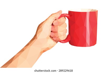 polygonal technique hand holds a red circle on a white background.