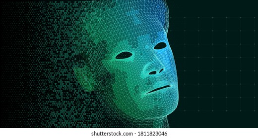 Polygonal technology background with 3d wireframe head and code. Data science. Artificial intelligence concept for business and scientific. Big data. Machine learning.