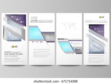 Polygonal texture. Global connections, futuristic geometric concept. The minimalistic abstract vector illustration of editable layout of four modern vertical banners, flyers design business templates.