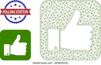 Polygonal thumb positive wireframe icon, and bicolor dirty Polling Station watermark. Polygonal wireframe illustration designed with thumb positive icon.