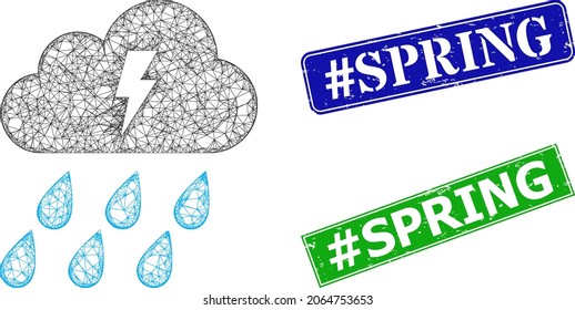 Polygonal thunder cloud model, and hashtag Spring blue and green rectangle rubber seal imitations. Polygonal carcass symbol is based on thunder cloud icon.