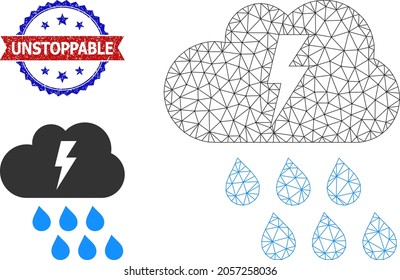 Polygonal thunderstorm wireframe illustration, and bicolor scratched Unstoppable seal. Mesh wireframe illustration is designed with thunderstorm icon.