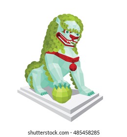 Polygonal tibetan light Lion with green mane. Legendary creature - Asian Lion in mixed style isolated on a white background. Vector illustration of modern polygonal tibetan lion for your design.