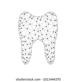 Polygonal tooth abstract illustration, isolated on white background. Dental and orthodontics medical concept. Low poly wireframe design, geometry triangle, lines, dots, polygons, connected points.