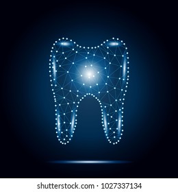 Polygonal tooth abstract illustration, isolated on blue sky background. Dental and orthodontics medical concept. Low poly wireframe design, geometry triangle, lines, dots, polygons, connected points.