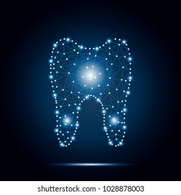 Polygonal tooth abstract illustration, isolated on blue sky background. Dental and orthodontics medical concept. Low poly wireframe design, geometry triangle, lines, dots, polygons, connected points.