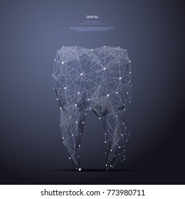 Polygonal tooth. Dental concept. Vector mesh spheres from flying debris. Thin line concept. Metallic structure style illustration
