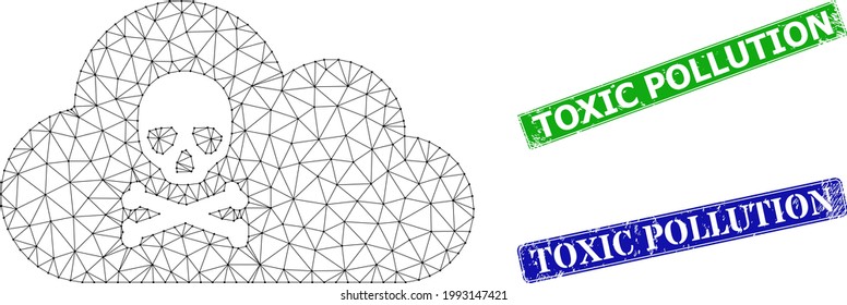 Polygonal toxic gas image, and Toxic Pollution blue and green rectangular dirty seal prints. Polygonal wireframe illustration based on toxic gas icon.